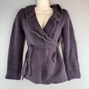 Vintage United Colors Of Benetton Purple Knit Open Front Cardigan Ruffled Hem S